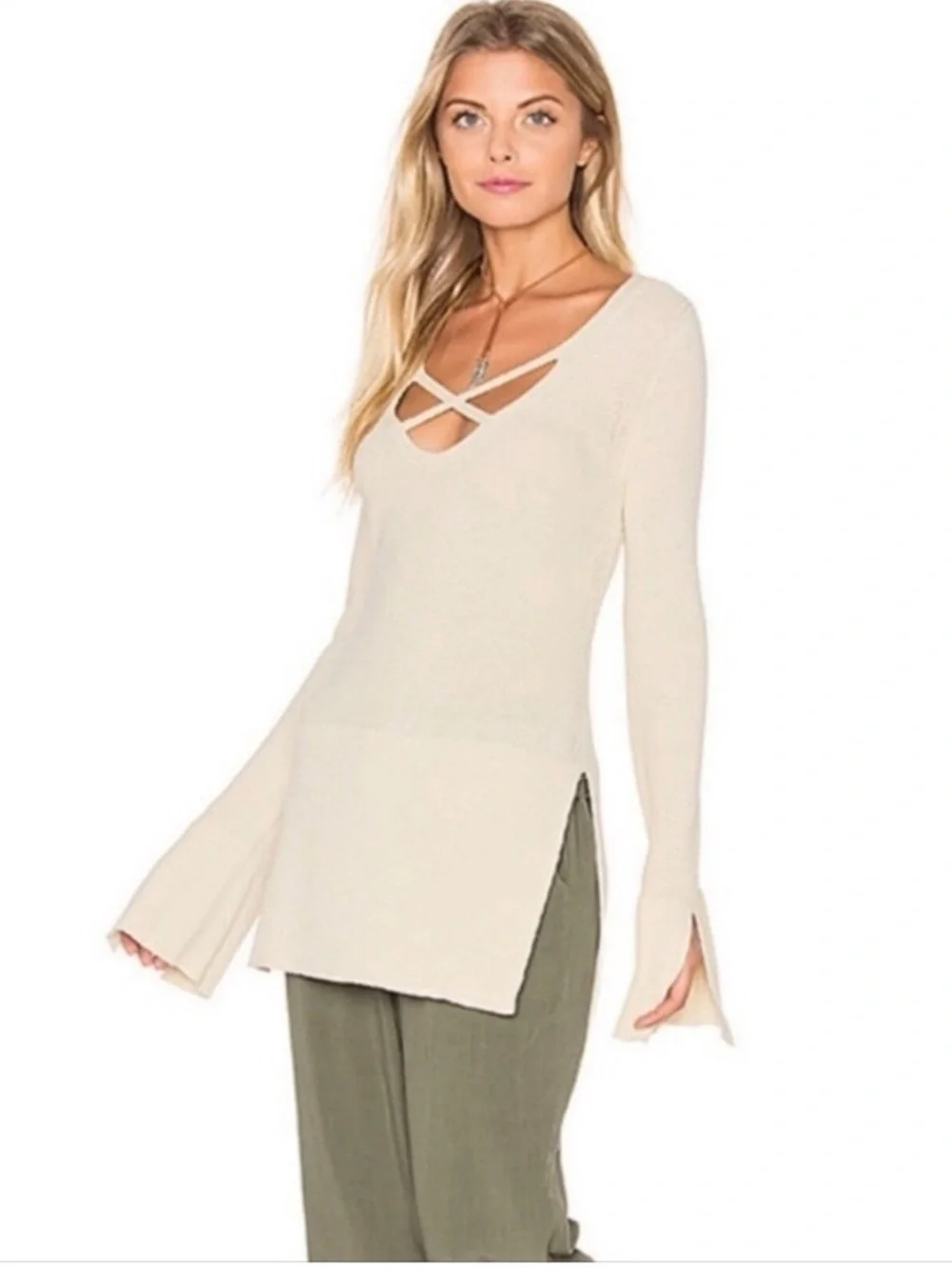 Free People V-Neck Side-Slit Knit Top in Cream
